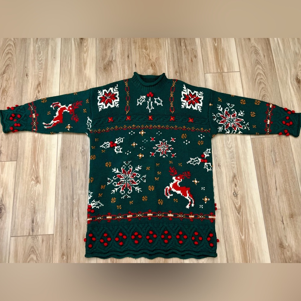 Vintage Laura Ashley Wool Blend Christmas Sweater - Green Holiday Reindeer - Med